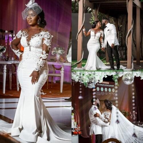 2021 Arabic Mermaid Wedding Dresses Plus Size Long Sleeves 3D Floral Appliques Satin Bridal Gowns Long Vestidos De Novi