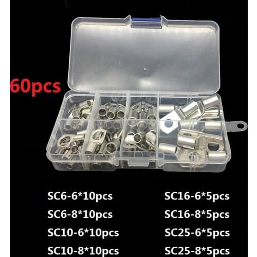 60pcs/lot 6-25mm2 Tinned Copper Lugs Ring Crimp Terminals Battery Wire Welding Cable Connectors Kit