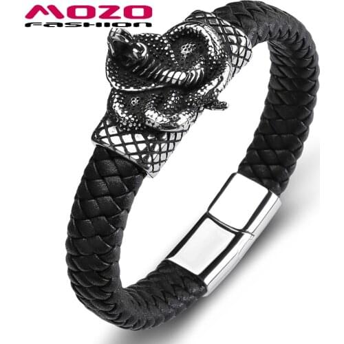 Hot Men 2020 Bracelet Genuine Leather Stainless Steel Snake Bangle Male Grid Collocation Punk Cuffs Jewelry