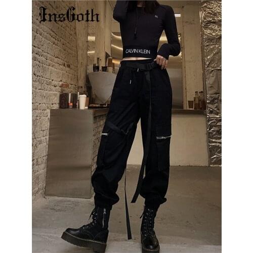 InsGoth Black High Waist Cargo Pants Women Harajuku Streetwear Casual Joggers Long Pants With Belts Female Loose Korean Style