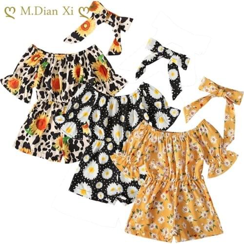 Girls' Suits Childrens European and American Summer Floral Short-sleeved Jumpsuit + Bow Tie Two-piece Childrens Clothing