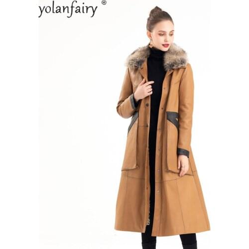 Long Genuine Leather Jacket Women Winter Sheepskin Coat 90% White Duck Down Jackets Raccoon Dog Fur Collar Luxury Clothes 2021