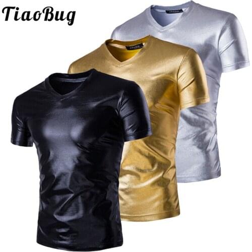 Mens Shiny Top Liquid Metallic T-Shirt Sexy Short Sleeve Night Club Stage Show Music Festival Disco Costume