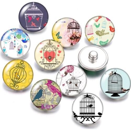 New Bird&birdcage Birds 18mm snap buttons 10pcs mixed round photo glass cabochon style for snap button jewelry Fingdings Gift