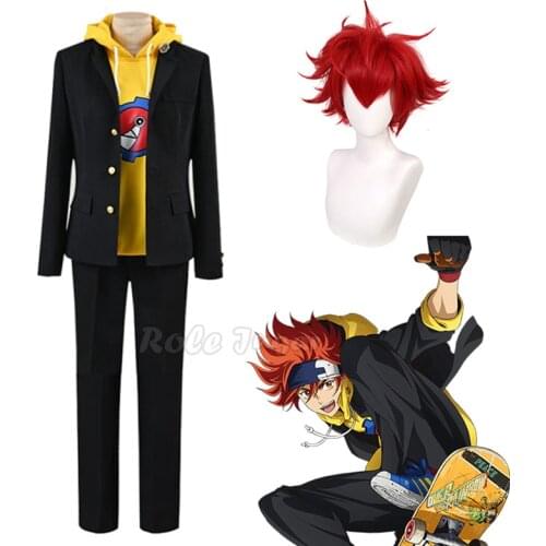 New Anime SK8 the Infinity Reki Kyan Cosplay Costume Yellow Hoodie Sweatshirt Jacket SK Eight Red Wig Skateboard Outfit