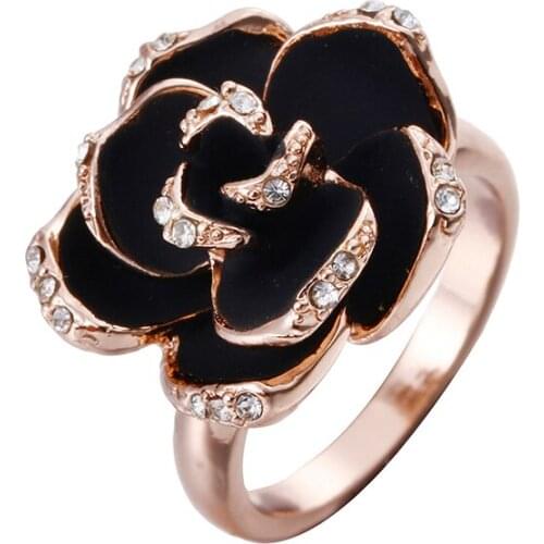 Ociki Vintage Jewelry for Women Girls Rose Gold Color Crystal CZ Rings Fashion Black Rose Flower Ring Drop Shipping Wholesale