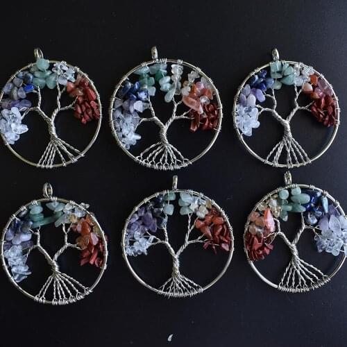 Wholesale 12pcs/lot fashion 7 chakra stone Tree of life handmade wire wrapped Pendants 50mm for jewelry accessories marking free