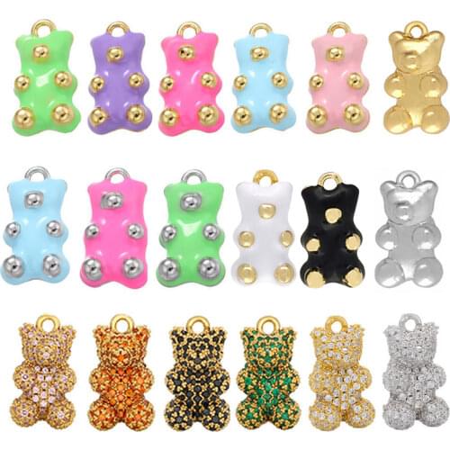 QMHJE Enamel Bear Candy Colors Charm Pendant Necklace Bracelet Earrings Women Choker CZ Paved Neon Green Jewelry Accessories DIY