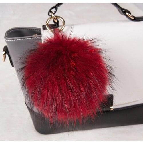 Cute raccoon fur puff ball pom pom fluffy women keychain car key ring handbag tote bag pendant purse charm nice gift suppliers