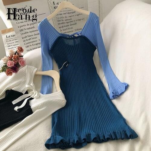 HangCode Sexy Mini Party Dress Ins Fashion Chic Long Sleeve Ruffled Short Knitted Dress Autumn Slim Club Bodycon Elegant Dress