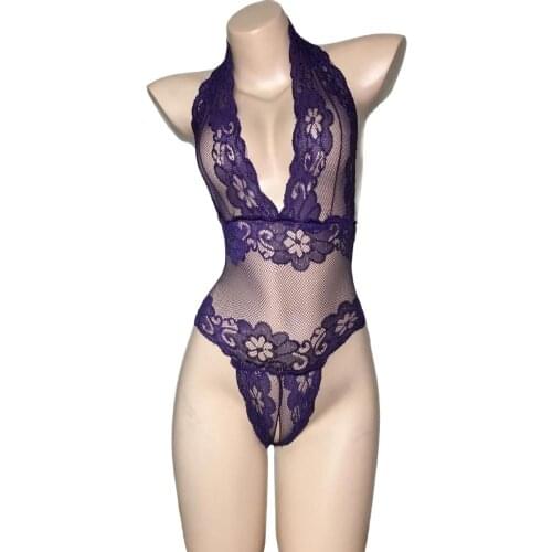 Sexy Lingerie Floral Lace Open Crotch Teddy Bodysuit Teddies One Piece Leotard For Women See Through Lingerie Leotard Swimwear