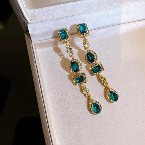Vintage Golden Earrings Green Crystal Geometric Drop Earrings For Women Ladies Beauty Gift