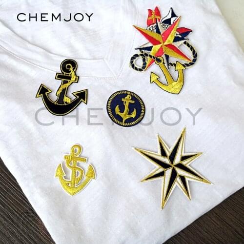 Gold Anchor Embroidered Patches for Shirts Military Army Ironing on Badges Clothes Stickers Sewing Appliques Cute Patch for Hats