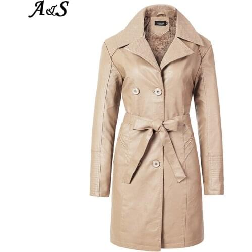 Anbenser Cool Artificial Leather Long Jacket New Winter Women Loose Belt Faux Leather Windbreaker Trench Coat Slim Autumn Jacket