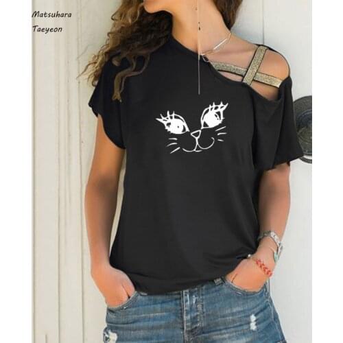 Funny Cat Print Short Sleeve Woman Tshirts Casual Harajuku Tee Top Summer Loose Sexy Oblique Shoulder Clothes Woman Oversized