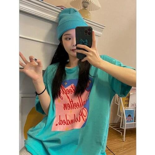 Korean Style T shirts Women High Quality Print Short Sleeve Round Neck Women Tshirt Casual Loose T shirt Women