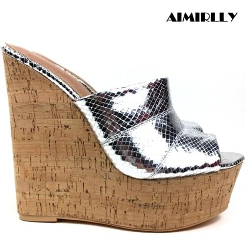 Shoes Women Cork Wedge Sandals Sky High Platform Slide Summer Casual High Heel Mules Slip On Black Silver Nude White Aimirlly