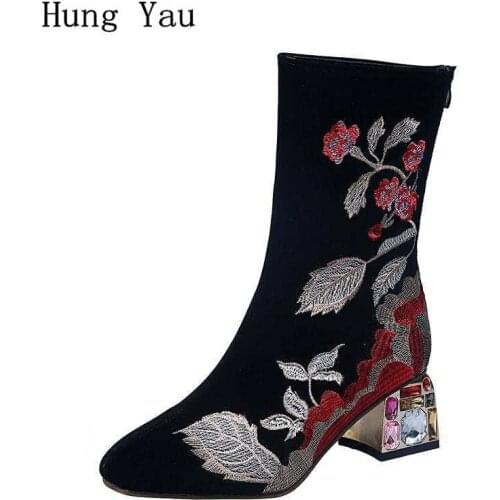 Women Boots Mid-Calf Embroider Flower Crystal Autumn Female Casual Shoes Pumps High Heels Fashion Zip Pointed Toe Plus Size