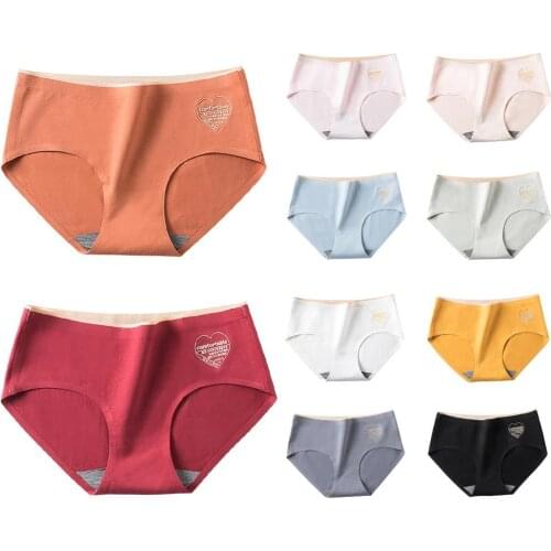 Women Sexy Soft Mid Waist Love Heart Print Solid Color Cotton Underwear Briefs