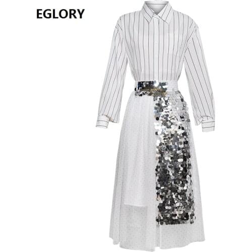 Top Grade Designer Clothing Sets 2020 Spring Summer Skirt Suit Women Long Sleeve Striped Shirt+Sequined Beading A-Line Skirt 2pc