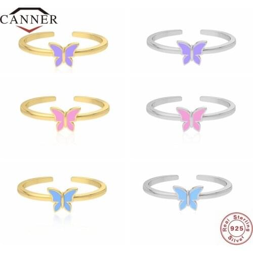 CANNER Luxury Colorful Butterfly 925 Sterling Silver Finger Ring for Women Adjustable Wedding Daily Open Rings Jewelry Gifts