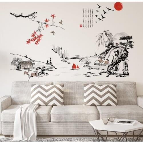 Ink Painting Landscape Art Wall Stickers Chinese Style Living Room Bedroom Background for Home Decoration Mural Decals Wallpaper