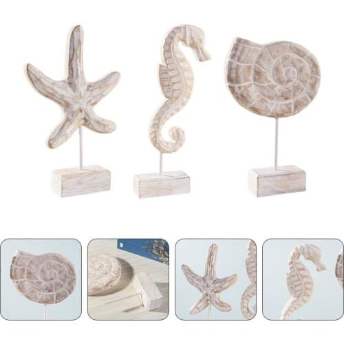 1 Set/3pcs Wooden Seahorse Decor Star Decorations Conch Decor Tabletop Ornament Photography Prop Office Home Decor