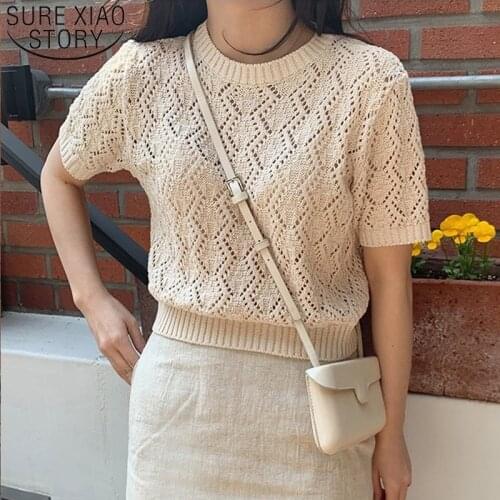 2021 Summer New Short Sleeve O-Neck Knitted Blouse Women Korean-Style All-match shirts Hollow Out Thin Jersey Tops 8788