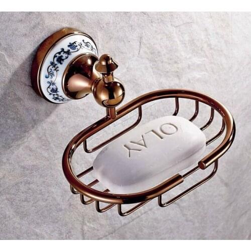 Bathroom Accessory Ceramic Flower pattern Luxury Rose Gold Copper Brass Wall Mounted Bathroom Soap Basket Dish Holder mba390