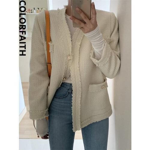 Colorfaith New 2021 Autumn Winter Womens Jackets Korean Fashionable Pockets Retro Vintage Wild Elegant Lady Short Tops JK2192
