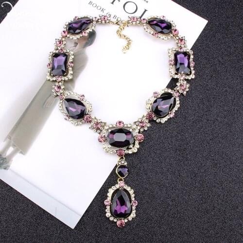Dvacaman Purple Square Crystal Statement Necklace Women Romantic Heart Glass Pendant Necklace Indian Bridal Jewelry Accessories