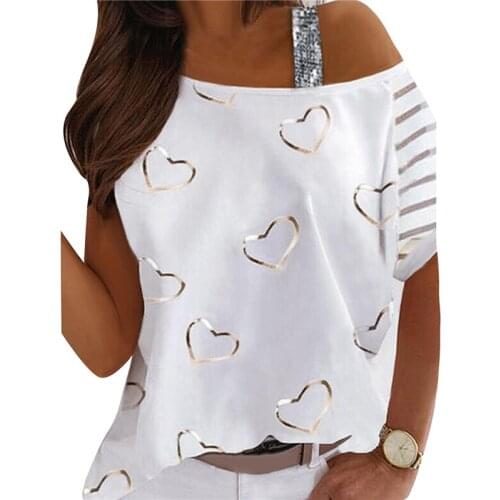 Sexy Off Shoulder Love Heart Print Ladies t shirt Women Elegant Slash Neck Slim Fit Tops Casual Loose Blusas Streetwear Camis