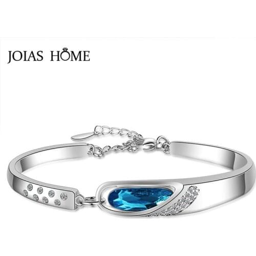 JoiasHome Sterling Silver 925 Jewelry Blue Gemstones Aquamarine Zircon Bracelet for Women Geometry Tears of angels Anniversary