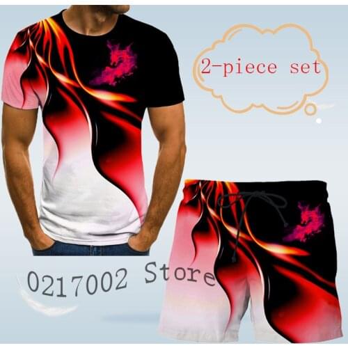Summer leisure sports suit flame dragon print suit mens T-shirt and shorts sportswear suit jogger uniform mens clothing 6XL