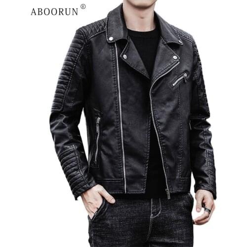 ABOORUN Mens Fashion Faux Leather Motorcycle Jacket High Quality PU Leather Biker Coat Streetwear for Male