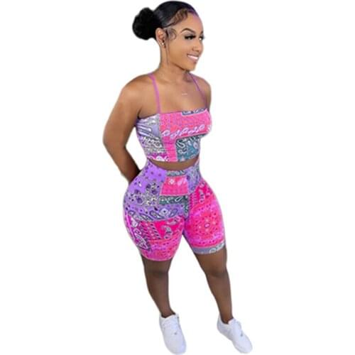 Printed Two Piece Set Summer Clothes for Women Streetwear Bodycon Biker Shorts 2 Piece Set Bandage Half Shorts and Crop Top Set