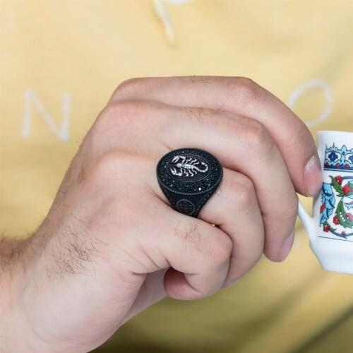 Micro Cubic Zirconia Scorpion Motif Black Ancl Silver Men 'S Ring