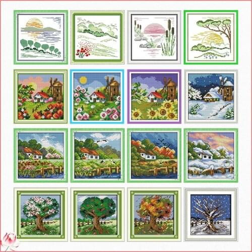 Four Seasons Small Picture Scenery Cross Stitch Kits Ecological Cotton Stampted Printed 11CT 14CT DIY Easy to Use Home Deco Gift