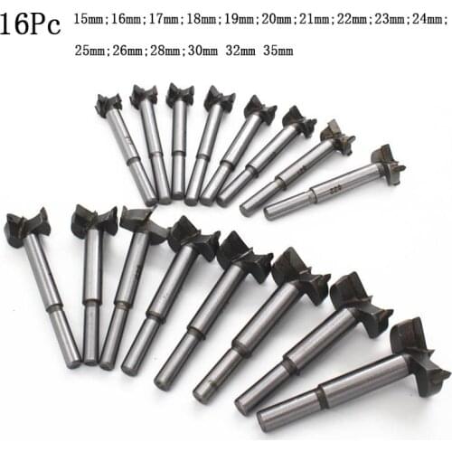 16Pcs 15-35mm Forstner Bit Set Tungsten Carbide Drill Bits Woodworking Self Centering Hole Saw Round Shank Wood Cutter Tools