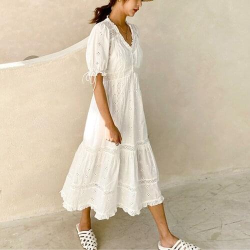 OverSize Tea Length Women Summer Maxi Dress Bohemian Cotton Fashion Gowns Hollow Cut Dress DZA473