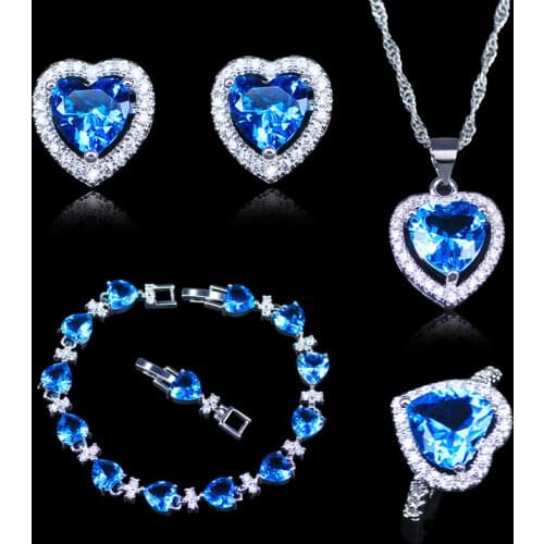 New Arrival Christmas Gift For Women Sky Blue Crystal White Zircon Silver Color Jewelry Sets Heart Bracelets Sets