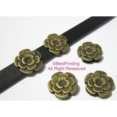 Flat Leather slider 10x2mm antique bronze Flower leather findings -FF97B