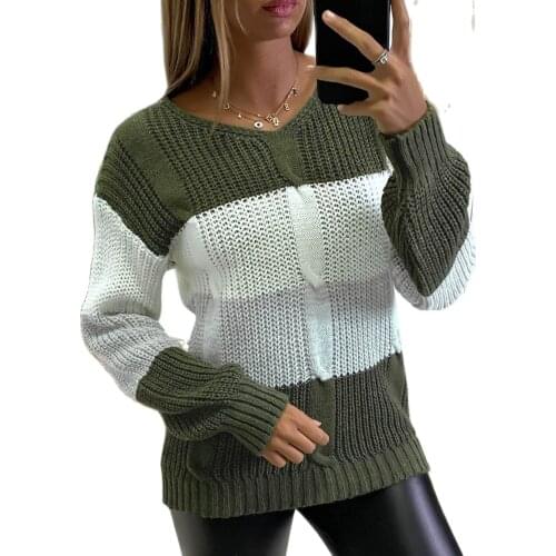2021 Autumn Winter Womens Sweaters Casual V-Neck Long Sleeve Patchwork Twist Pullover Knitwear Korean Female Loose Jumper Tops