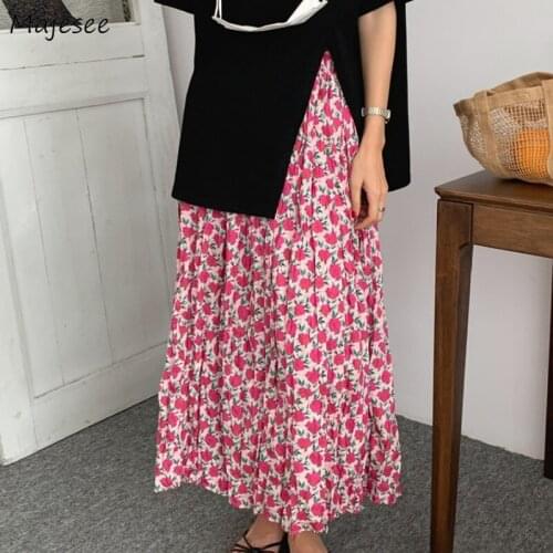 Skirts Women Printing Casual A-line Folds Ulzzang Chic Tender Ladies Classy Students Elegant Female Fashion Ankle-length Stylish