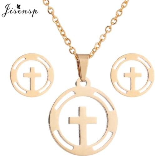 Jisensp Stainless Steel Jewelry Sets Round Gothic Cross Long Chain Necklace Earrings Fashion Jewelry for Women Christmas Gift