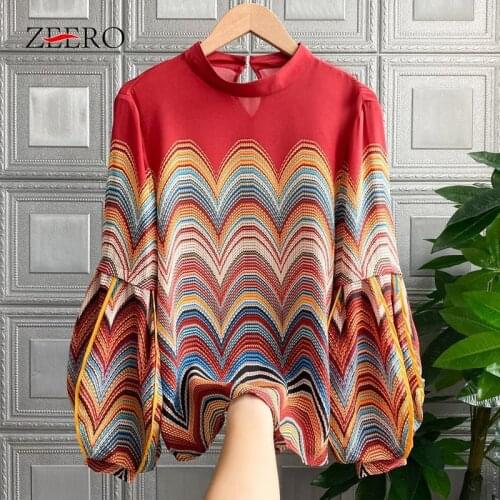 2021 Spring Autumn Women Clothes Color Wavy Stripes Blous Female Splicing Lantern Sleeve Button Fashion Vintage Loose Shirt Top