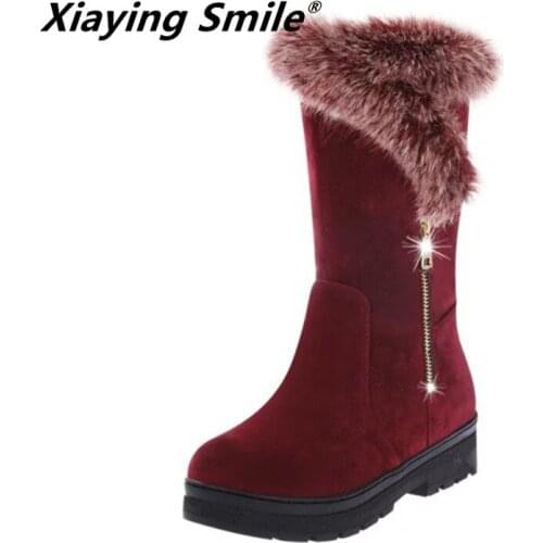Xiaying Smile New Winter Women Snow Boots Warm Round Toe Mid calf Boots Classics Flats Fashion Casual Flock Fur Rubber Shoes
