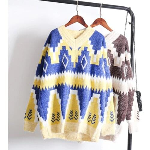 Spring Loose Mohair Womens Pullover 2021 New Color Contrast V-neck Knitted Top