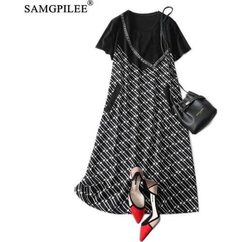 Summer 2021 Fake Two Pieces Geometric Pattern Hot-stitched Diamond Stitching Contrast Color A Line Short-sleeved Women Dresses