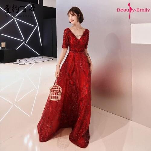 Beauty Emily Long Burgundy V Neck Evening Dresses 2019 Short Sleeve Floral Appliques Sequins vestidos de fiesta de noche